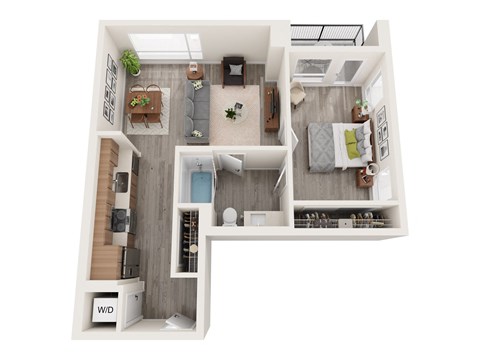 A top down view of a small apartment with a kitchen, living room, and bathroom.